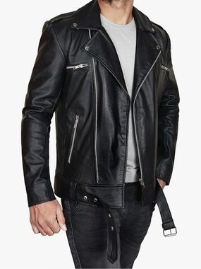 Men's Black Leather Biker Motorcycle Jacket - Classic Zip Front